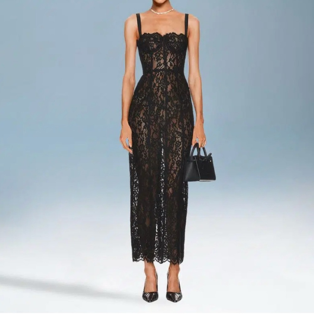 Helsa The Lace Column Dress Black Small Midi Maxi Formal Event New without tags - Picture 6 of 9